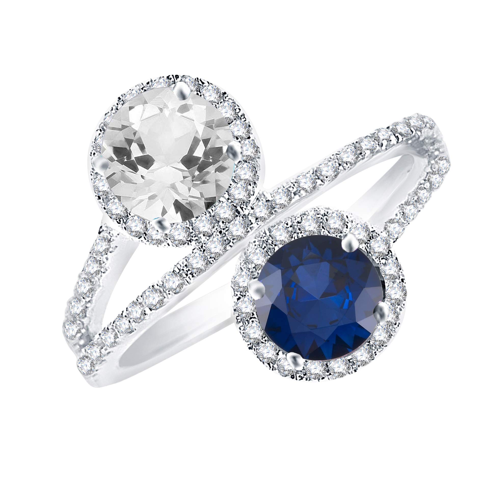 Blue Sapphire & White Topaz Sterling Silver Bypass Halo Ring – Elegant Jewelry for Engagement, Wedding & Special Occasions
