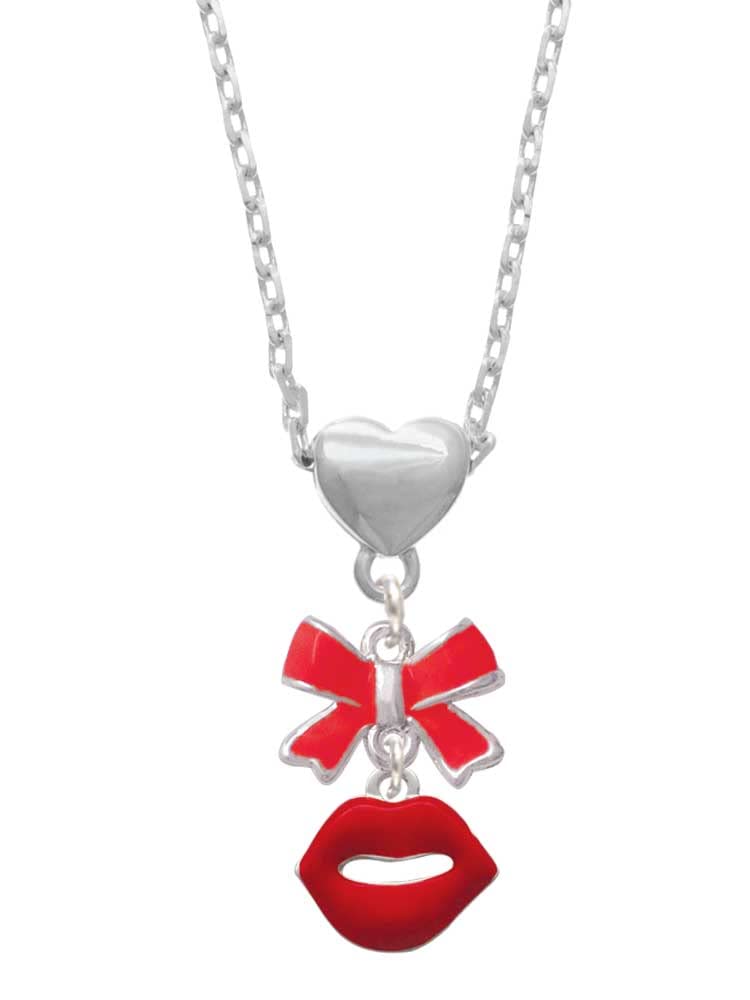 Stylish Silvertone Red Lips & Bow Heart Necklace with 18+2