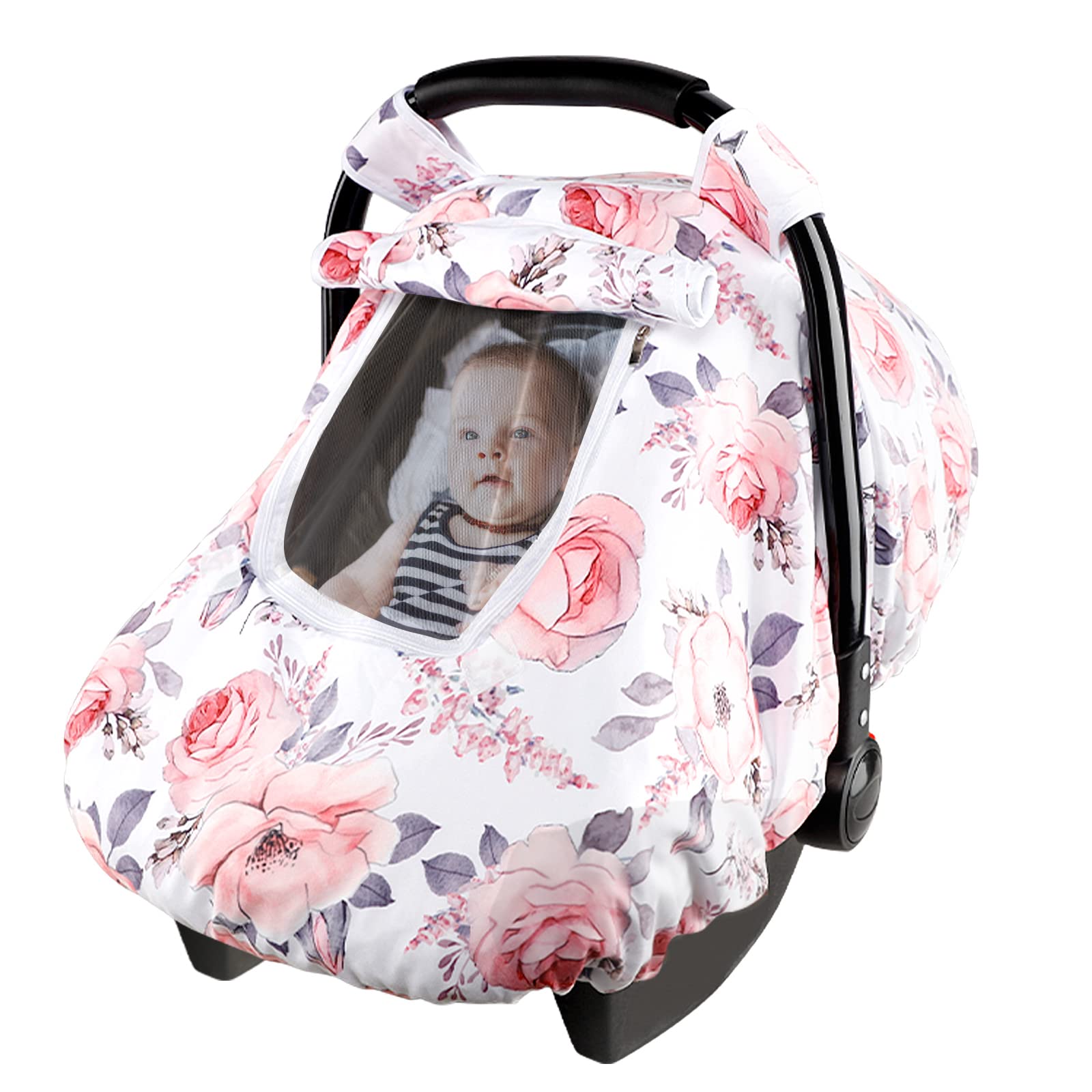 Baby Car Seat Covers - Winter Warm Mink Infant Car Seat Canopy with Pink Floral Design - Cozy & Soft Protection for Girls - Perfect for Strollers, Shopping Trips & Outdoor Adventures
