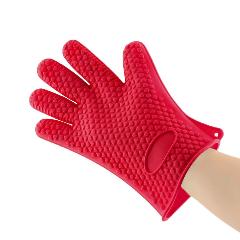 AKOAK Heat Resistant Silicone BBQ Gloves for Grilling, Cooking, Baking & Oven Use - Waterproof, Non-Slip Kitchen Gloves for Safe Handling of Hot Pots, Pans & Food (Red, Pack of 1) - Perfect for Outdoor BBQ, Camping & Home Kitchen Safety
