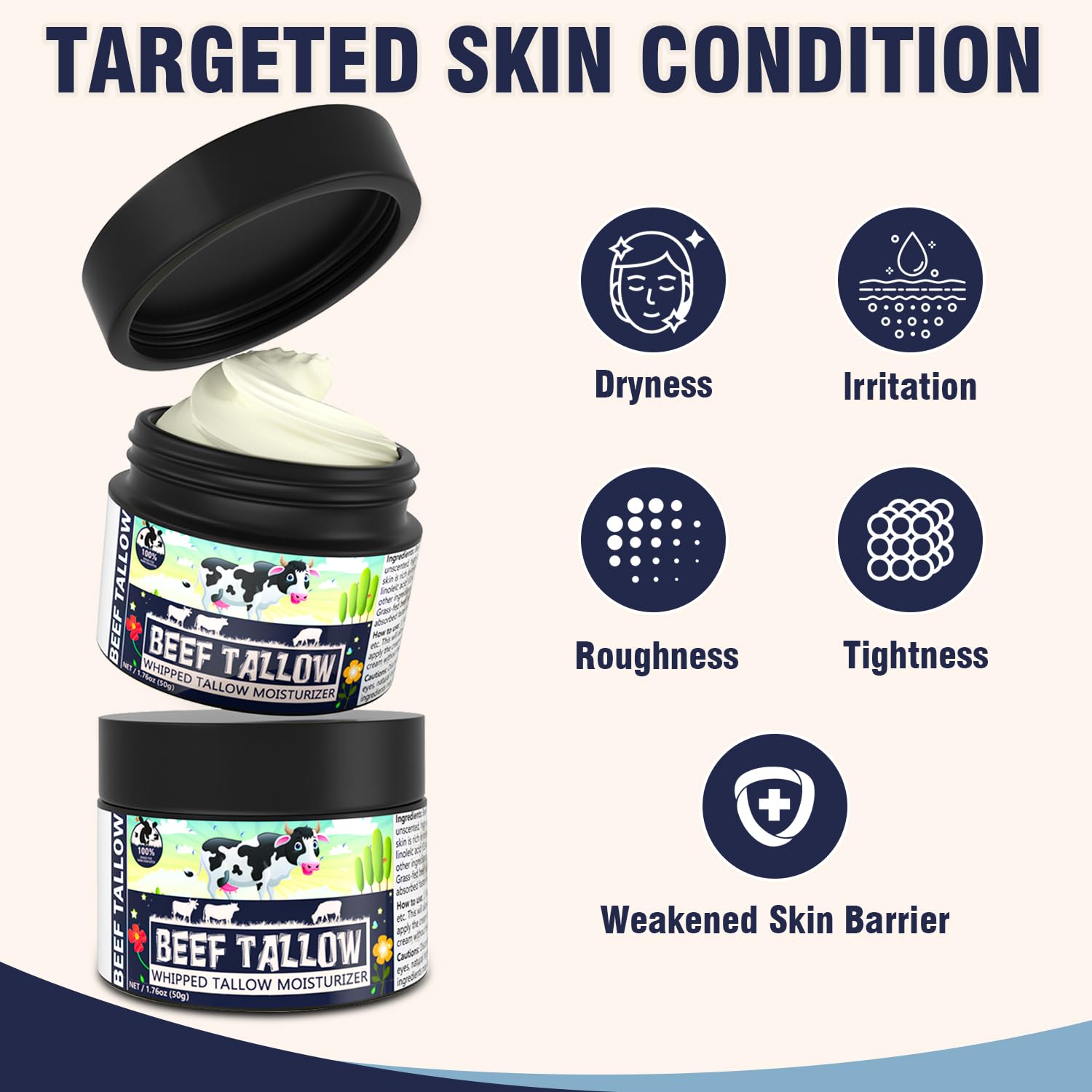 Organic Grass-Fed Beef Tallow Balm for Face & Body - 100% Natural Whipped Tallow Moisturizer, Unscented Skin Care for Sensitive Skin | Hydrating Face Cream & Body Lotion for Dry Skin, Eczema & DIY Beauty