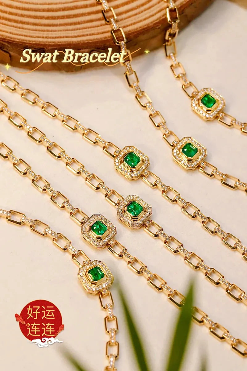 18K Yellow Gold Emerald and Diamond Bracelet for Women - Luxury Elegant Real Natural Gemstone Jewelry - Perfect for Wedding, Party, Anniversary and Special Occasions