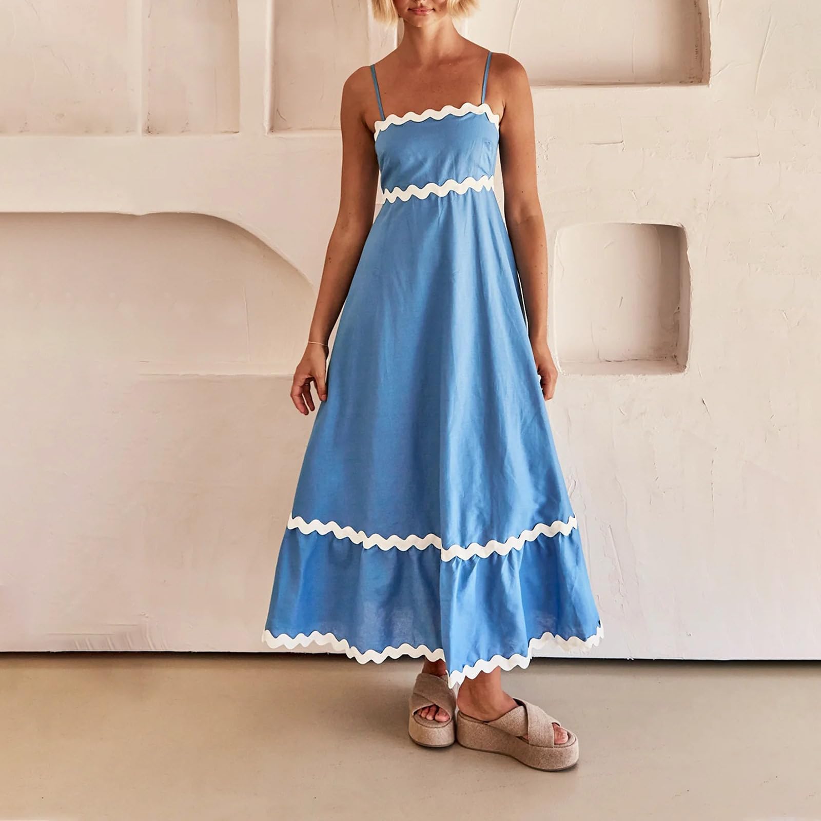 Boho Summer Sundress for Women 2024 - Trendy Spaghetti Strap Sleeveless Midi Dress with Smocked Waist & Flowy Maxi Skirt - Casual Blue RIC Rac Dress | Perfect for Beach Vacations, Music Festivals & Summer Outings