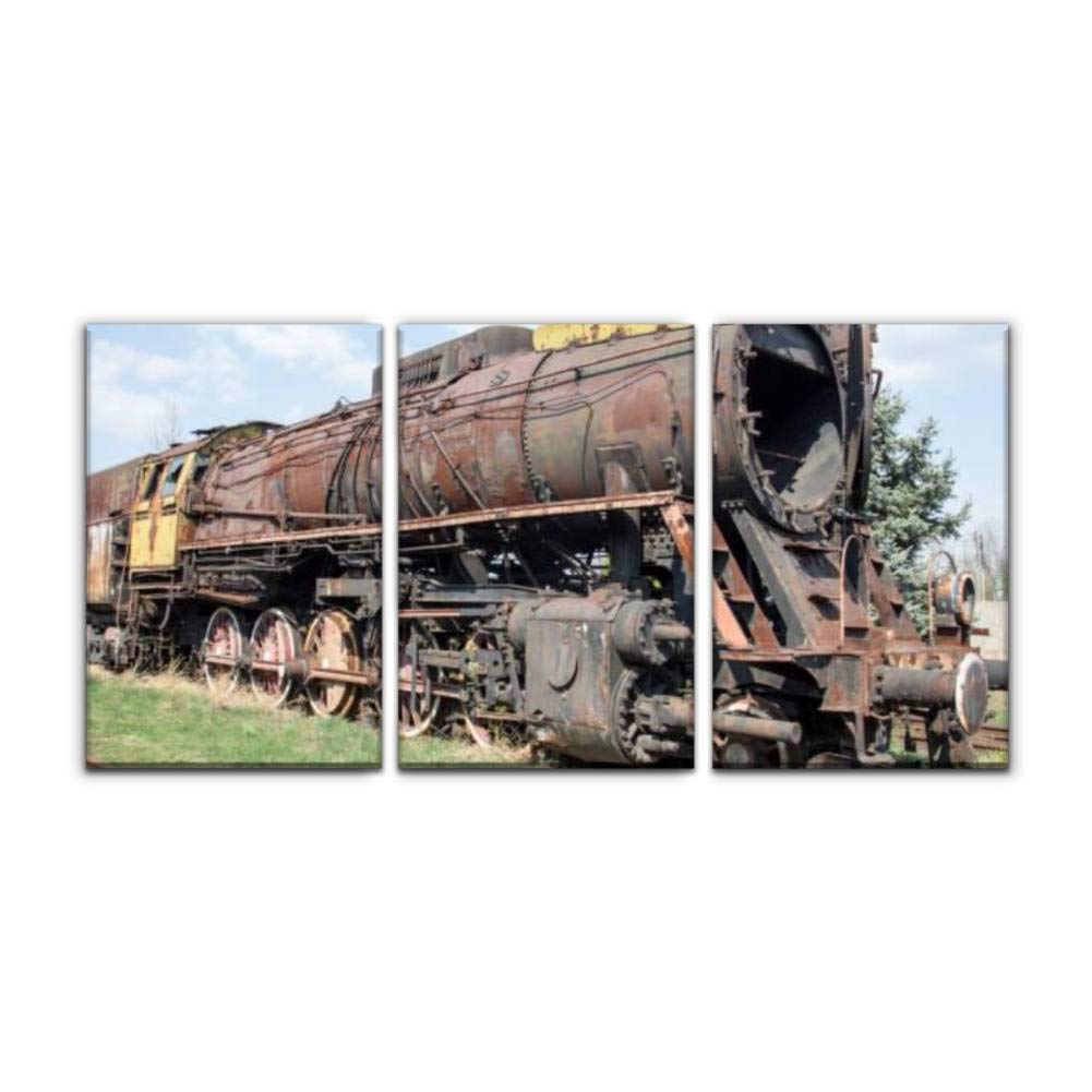 Vintage Rusty Locomotive Canvas Wall Art - Abandoned Train Station Oil Painting Print, Framed Home Decor for Living Room, Bedroom & Office (16x24 Inches, Set of 3) | Perfect for Industrial Theme & Rustic Interior Design