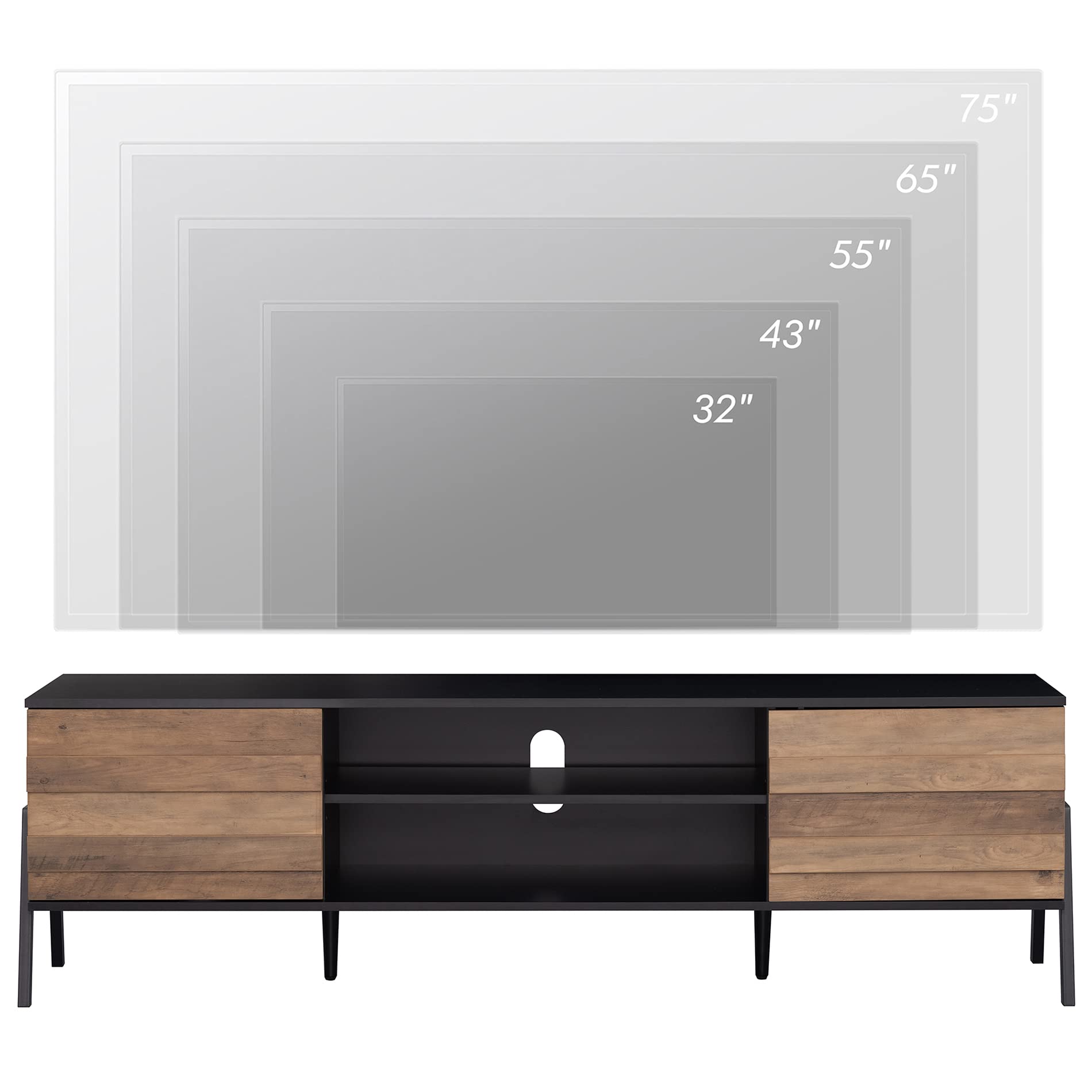 WAMPAT Mid-Century Modern TV Stand for 75+ Inch TVs - Retro Wood Entertainment Center with Storage Cabinet & Metal Legs - 70 Inch TV Console Table for Living Room & Bedroom (Black/Brown) - Perfect for Home Theater Setup & Stylish Living Spaces