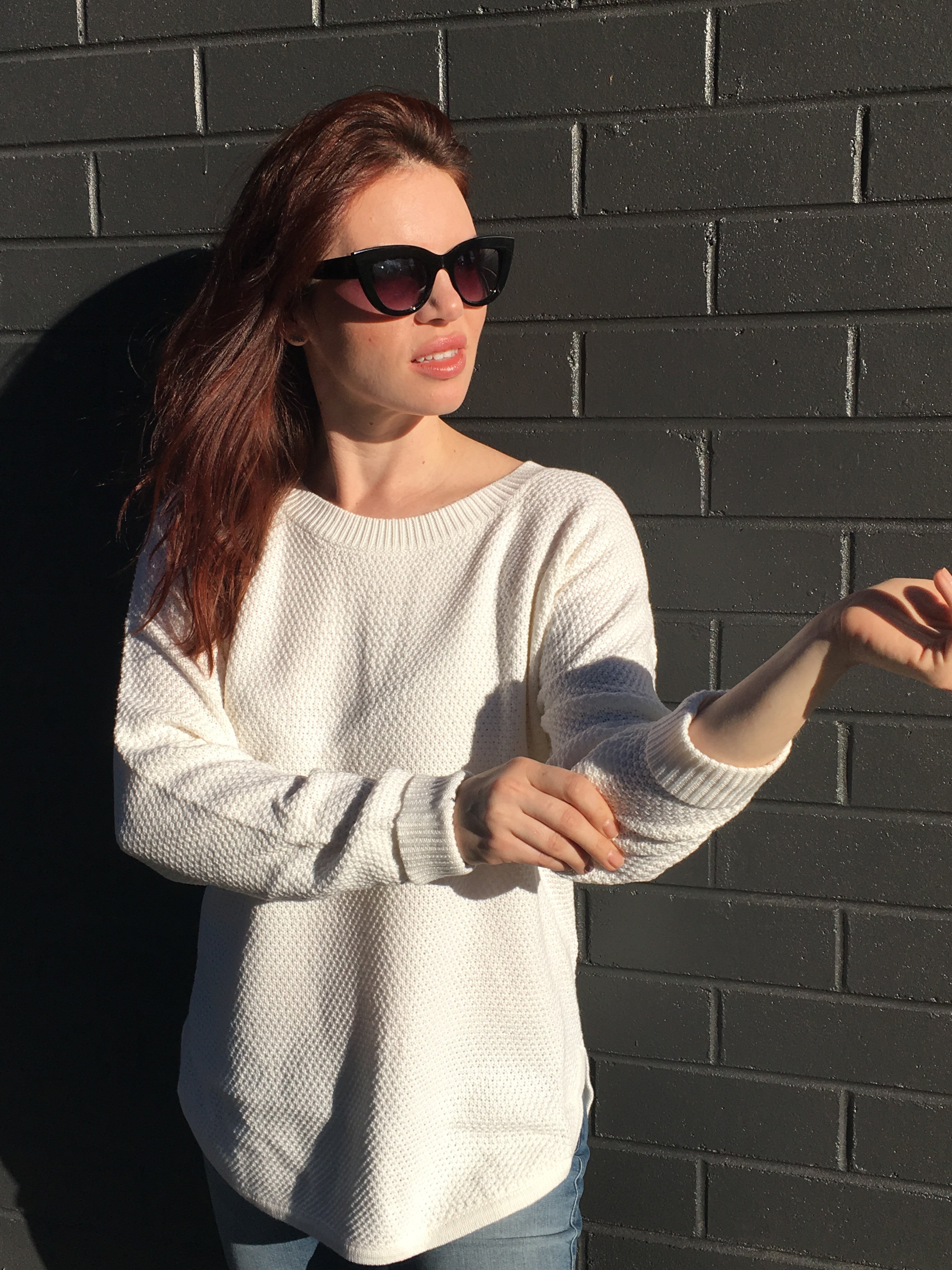 Cozy Winter White Zip Back Cotton Knit Jumper - Women's Casual Pullover Sweater for Fall & Winter Fashion, Office Wear & Weekend Outfits