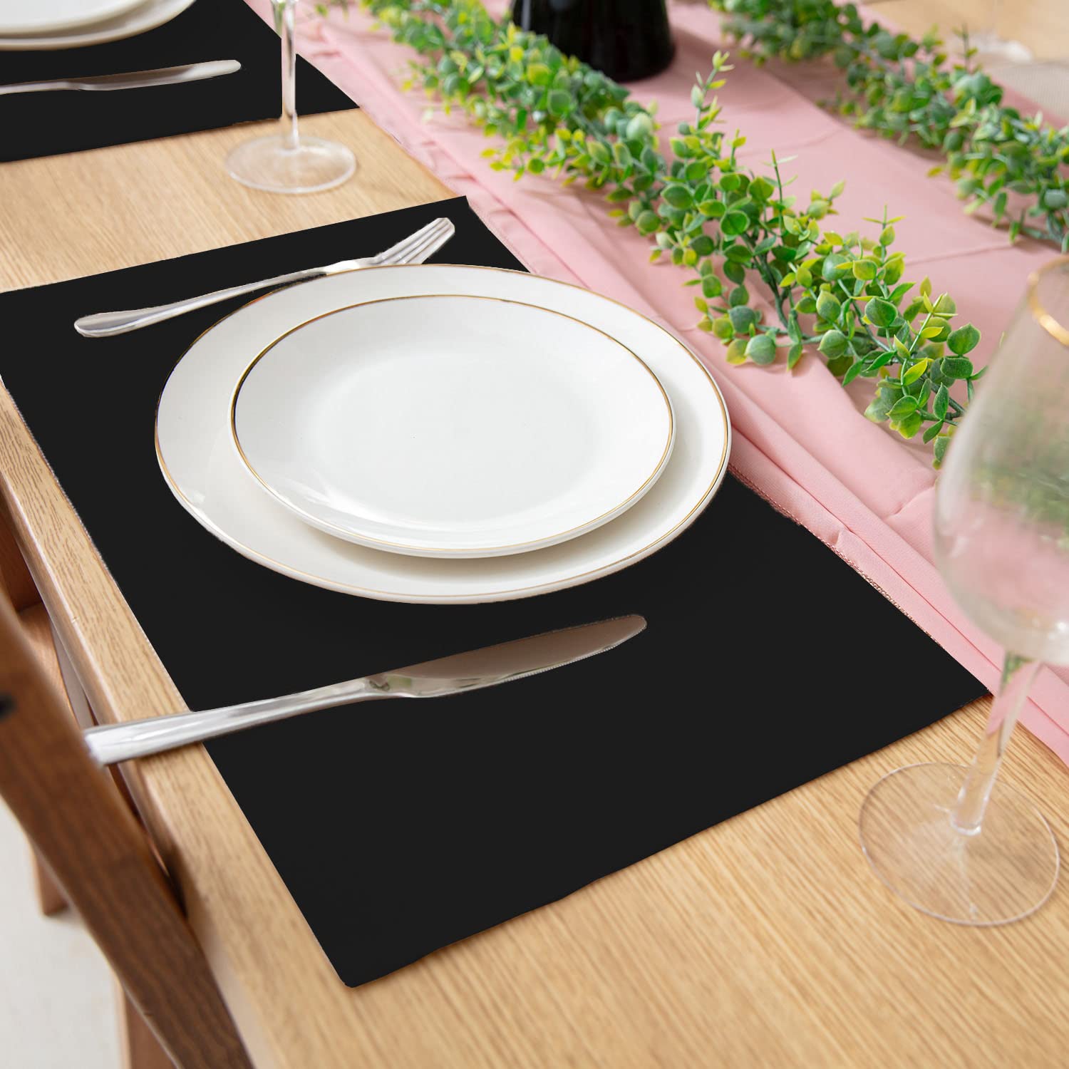 Premium Set of 8 Linen-Like Polyester Placemats - Machine Washable, Heat Resistant & Wrinkle-Free Thick Dining Table Mats for Kitchen & Formal Occasions (Black) - Perfect for Everyday Meals, Dinner Parties & Holiday Gatherings