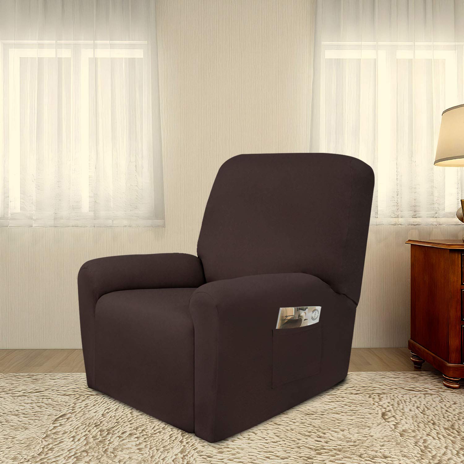 PureFit Super Stretch Chair Sofa Slipcover with Pocket - Spandex Non-Slip Sofa Cover, Washable Furniture Protector with Elastic Bottom for Kids & Pets (Recliner, Chocolate) - Perfect for Living Room, Family Gatherings & Pet-Friendly Homes
