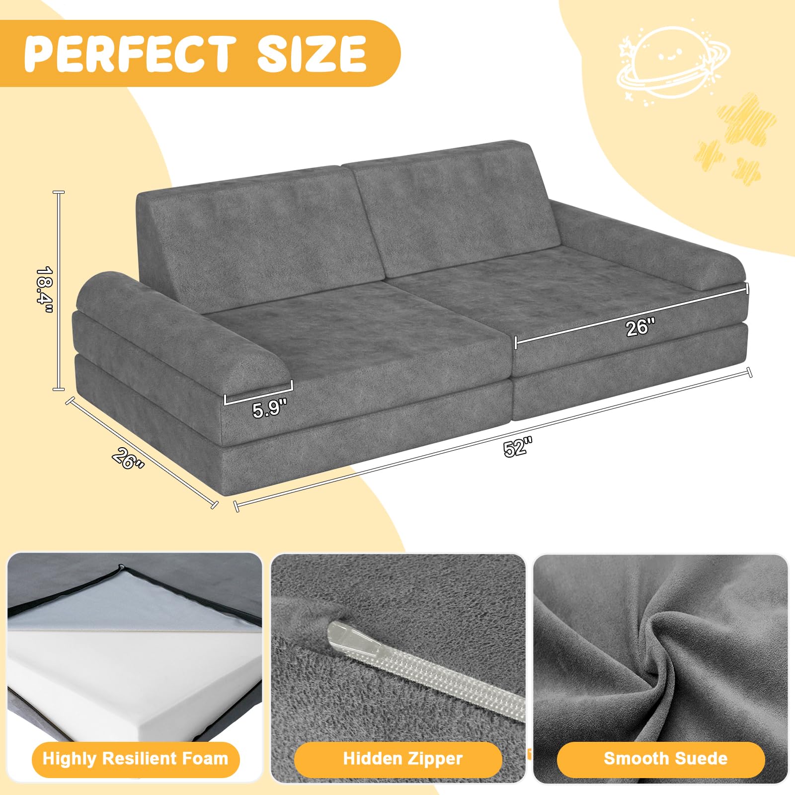 Modular Kids Play Couch Convertible Sofa for Toddlers & Children - 10-Piece DIY Creative Playroom Furniture for Nursery, Playtime, Imagination & Relaxation - Perfect for Indoor Play, Reading Nook & Cozy Lounging