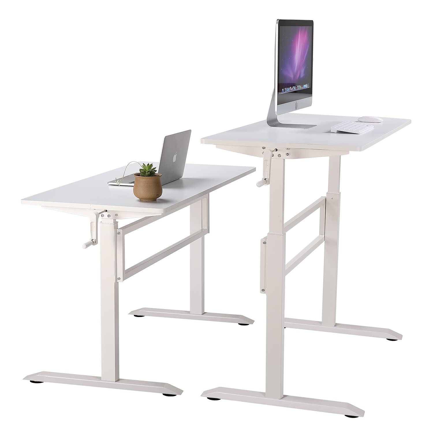 UNICOO 48 x 24 Inches Manual Standing Desk - Heavy Duty Adjustable Height Computer Workstation with Crank Mechanism & Headphone Hook (White, SYK01) | Perfect for Home Office, Gaming Setup & Ergonomic Workspace
