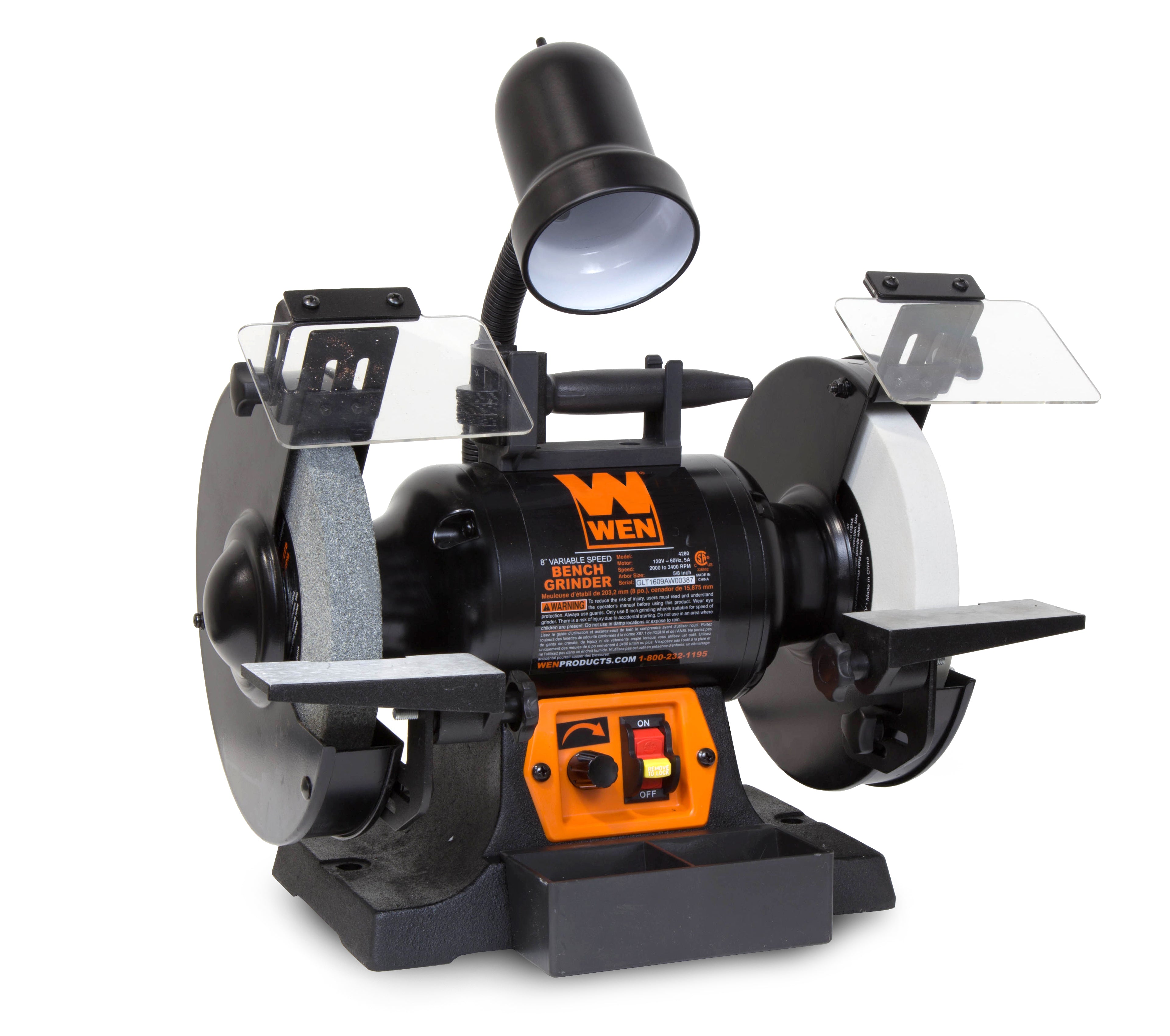 WEN R4280 5 Amp 8-Inch Variable Speed Bench Grinder with LED Work Light - Manufacturer Refurbished | Perfect for Metalworking, Woodworking & DIY Projects