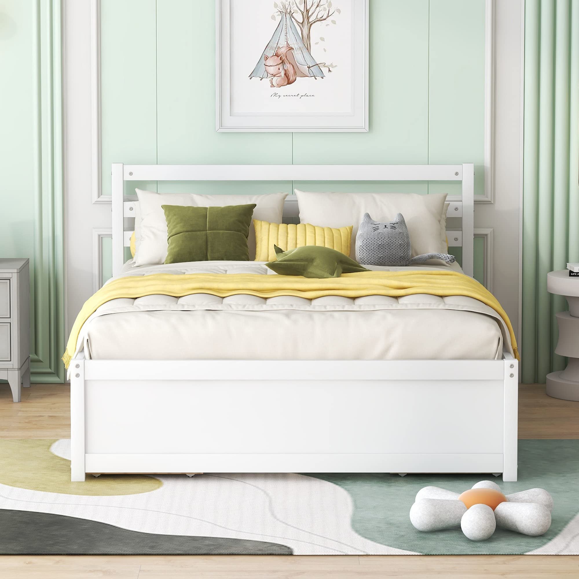Bellemave Full Size Wooden Platform Bed with 4 Storage Drawers & Headboard - Sturdy Slat Support for Kids, Teens, Boys & Girls Bedroom - Perfect for Small Spaces & Guest Rooms (White)