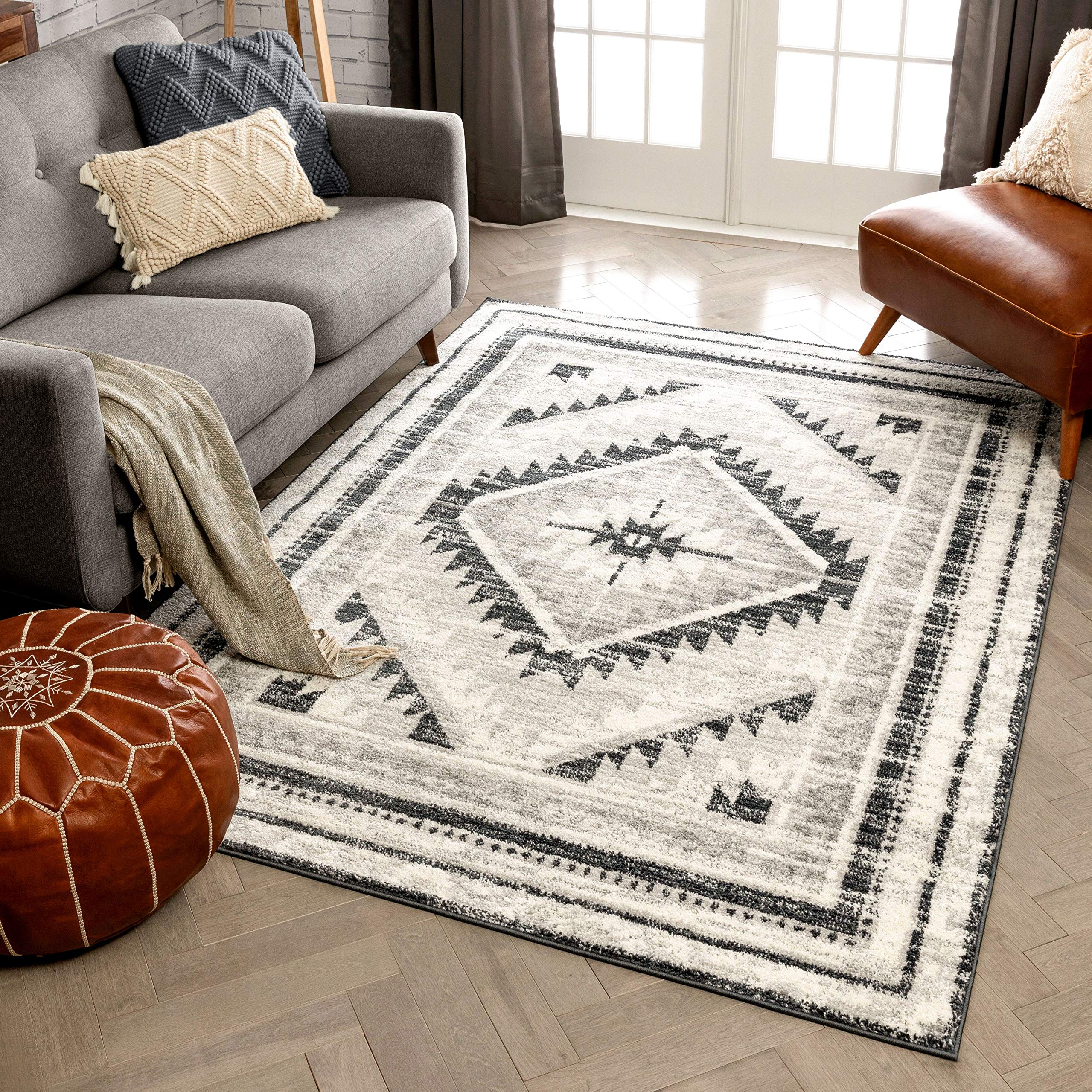 Well Woven Malfi Pisa Aztec Tribal Southwestern Grey Area Rug - Boho Chic Home Decor for Living Room, Bedroom & Office