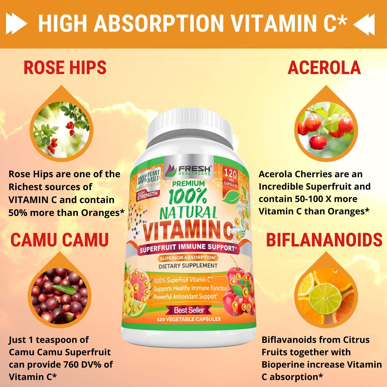 FRESH HEALTHCARE Immune Support Multivitamin with Natural Vitamin C - Daily Supplement for Adults & Kids | Boost Immunity, Energy & Overall Wellness | Perfect for Cold Season, Travel & Busy Lifestyles