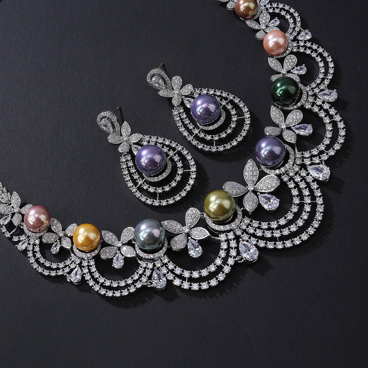 Luxury Cubic Zirconia Pearl Choker Necklace & Earrings Set - Bridal Wedding Jewelry for Women - Perfect for Prom, Anniversary & Special Occasions