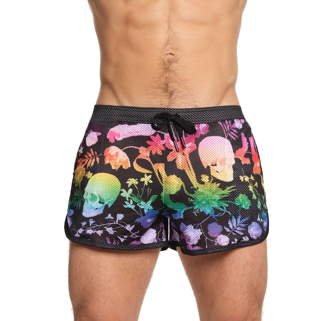 Rainbow Dutch Floral Mesh Shorts for Women - Stylish Black Lace-Up Summer Shorts | Perfect for Beach, Music Festivals & Casual Outings