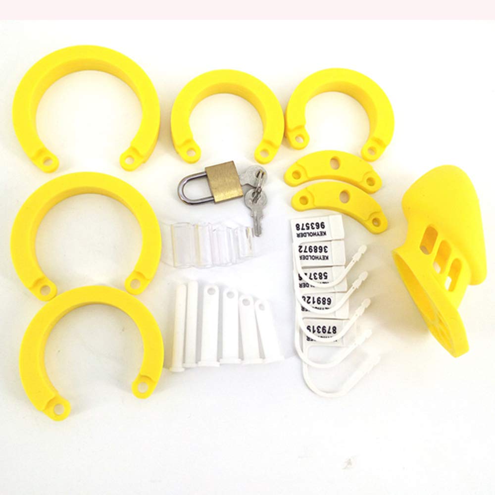 Premium Soft Silicone Chastity Cage for Men with 5 Adjustable Rings & Lock - Breathable Yellow Male Chastity Device with Secure Key - Comfortable Adult Sex Toy for BDSM, Role Play & Long-Term Wear
