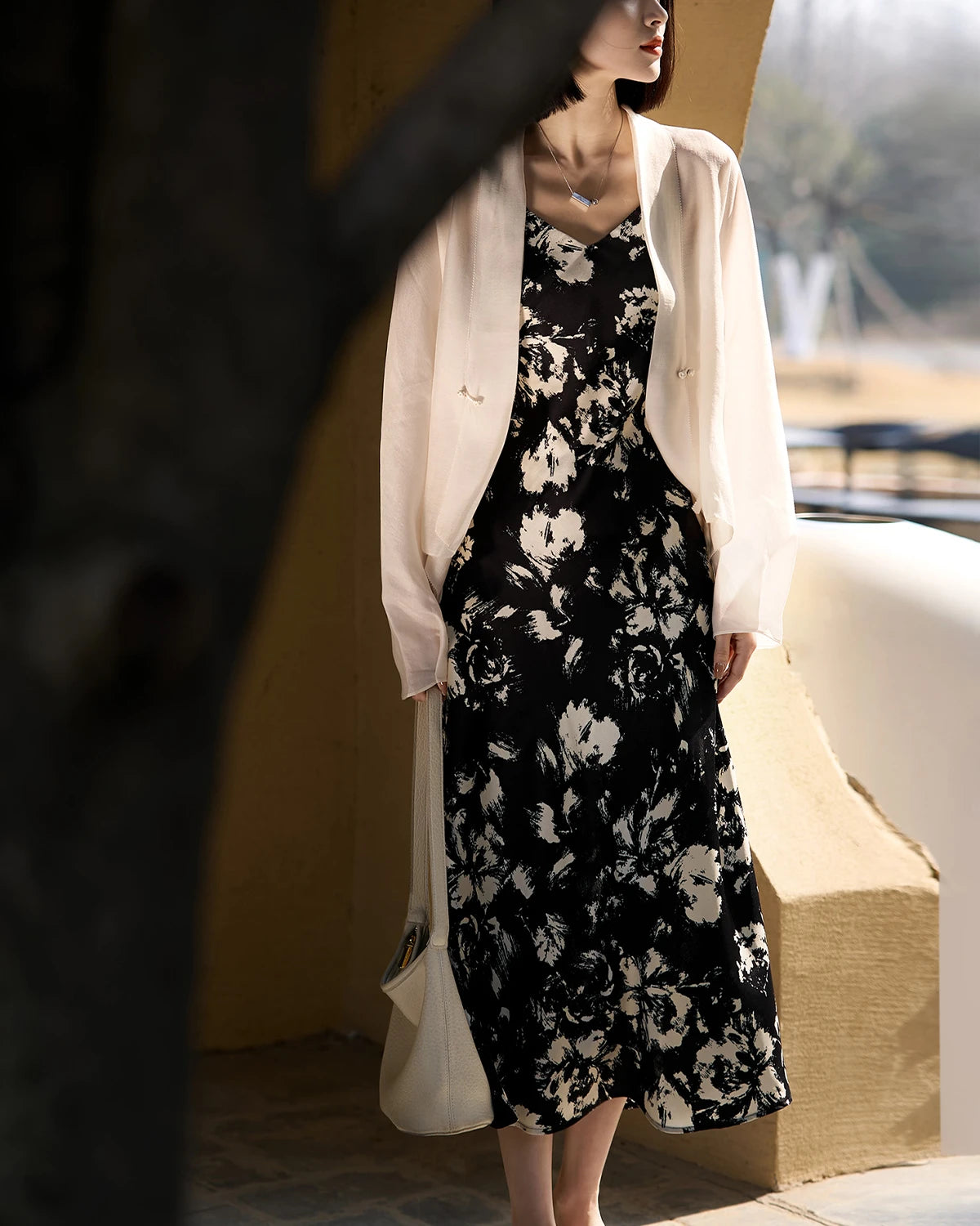 Elegant Black and White Floral Silk Dress for Women - Perfect for Weddings, Parties & Summer Outfits
