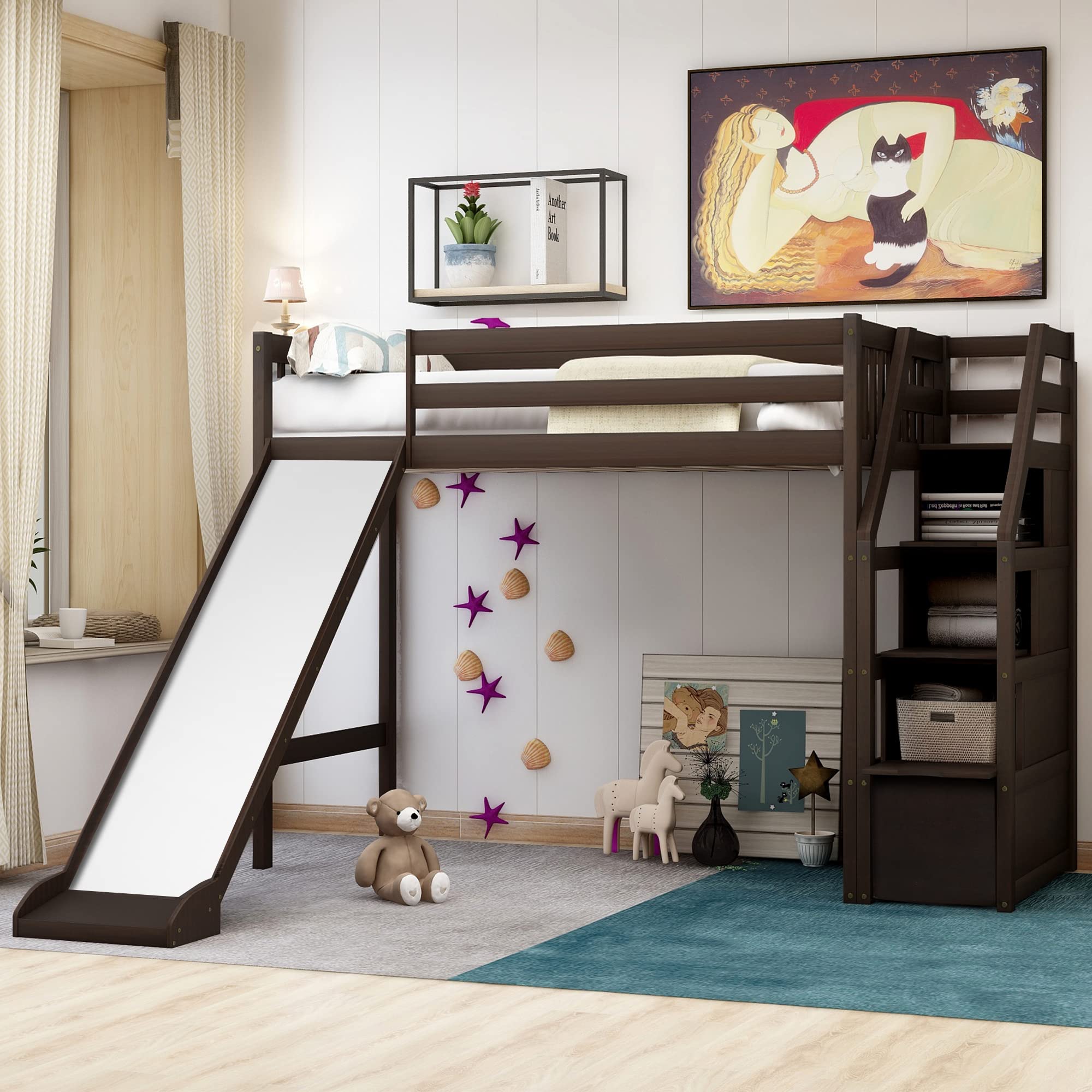 **Wooden Twin Size Low Loft Bed with Storage Steps and Slide - Kids & Teens Bunk Bed for Boys & Girls (Espresso) - Perfect for Small Bedrooms, Playrooms & Dorm Rooms**