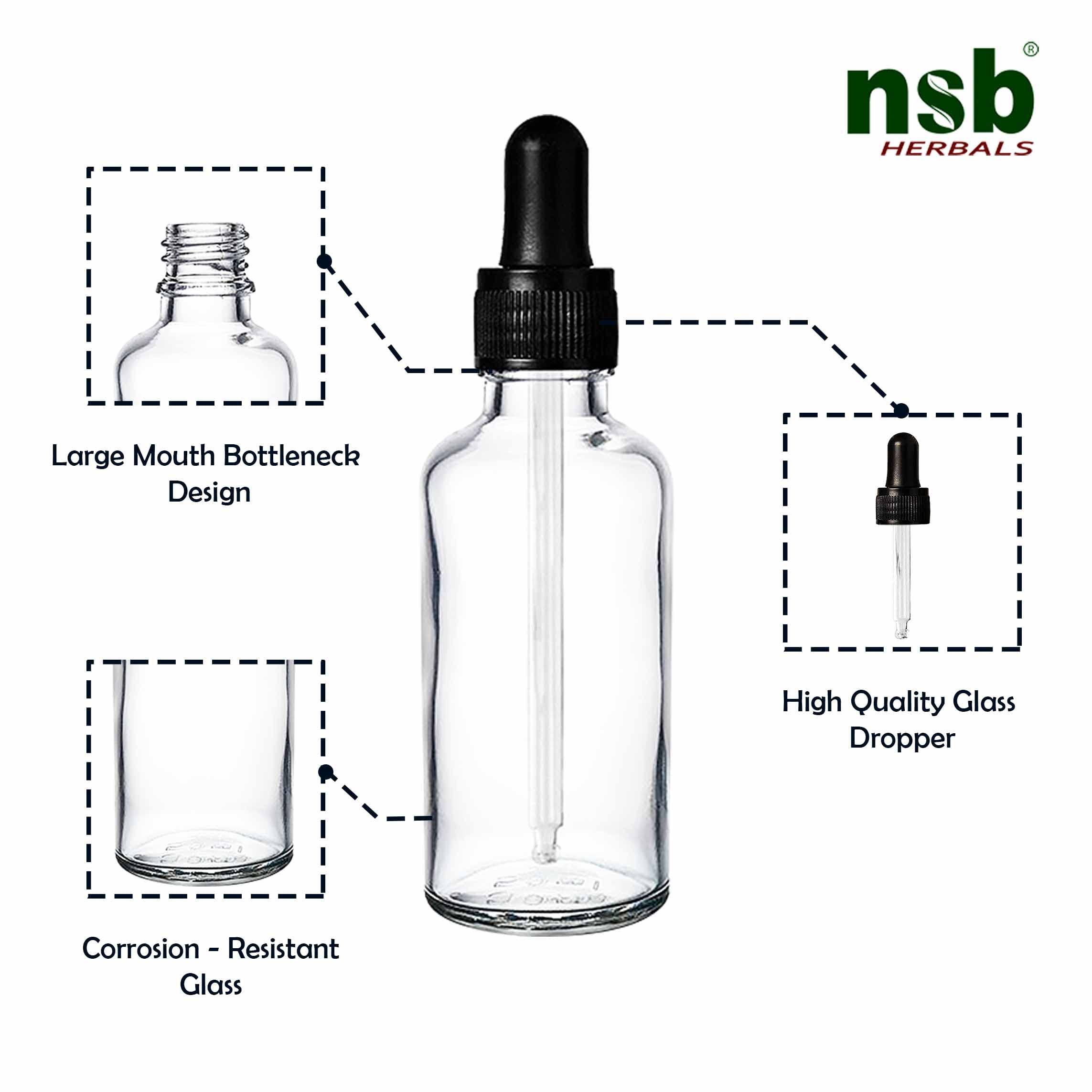 NSB Herbals 50ml Clear Round Empty Glass Bottle with Dropper & Black Silicone Cap - Refillable Essential Oil, Perfume, CBD Storage Bottles (Pack of 3) - Perfect for DIY Blends, Aromatherapy & Travel Size Liquids