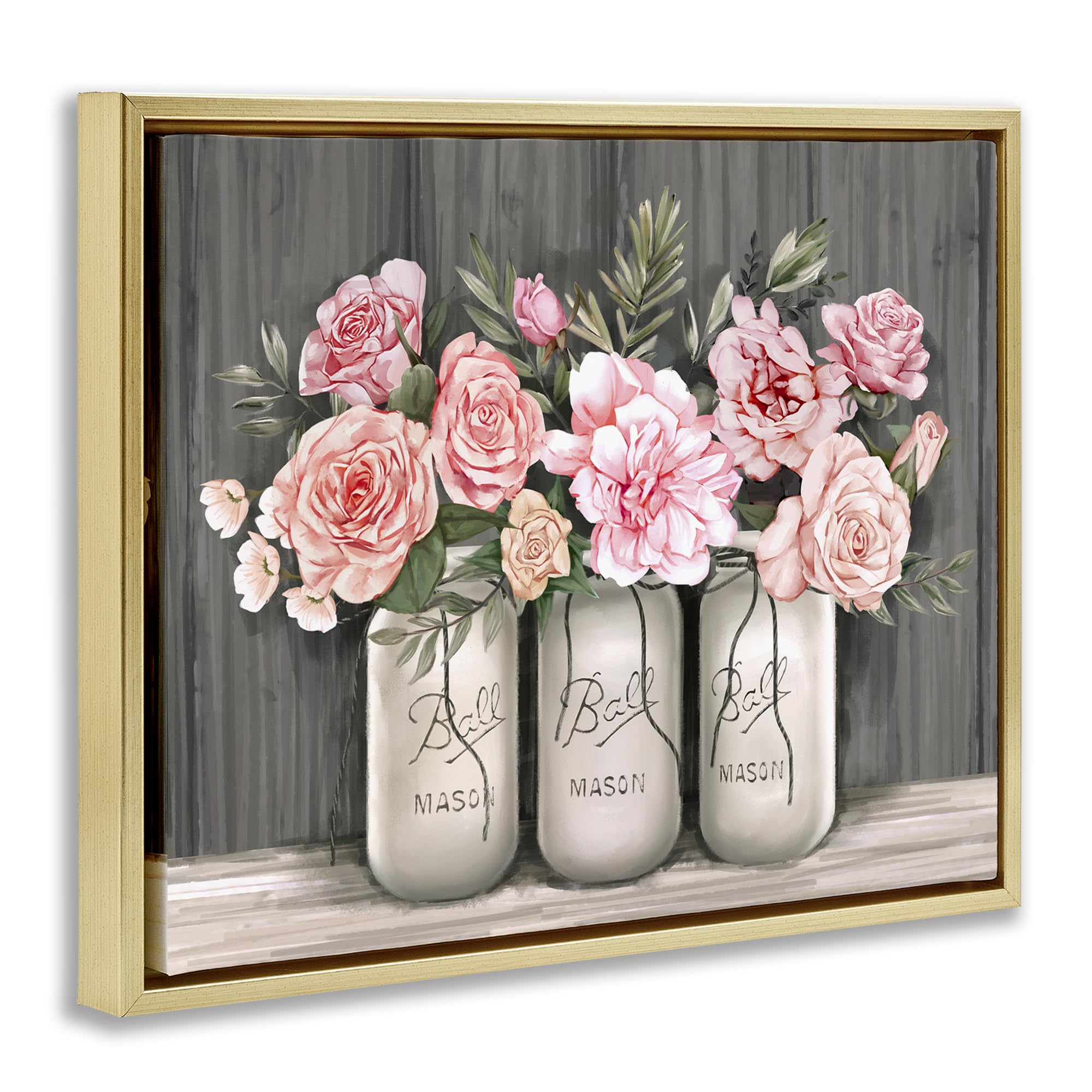 Stupell Industries Blossoming Pink Rose Bouquets in Rustic Country Jars - Floral Wall Art by Ziwei Li - Perfect for Farmhouse Decor, Living Room, Bedroom & Wedding Gifts