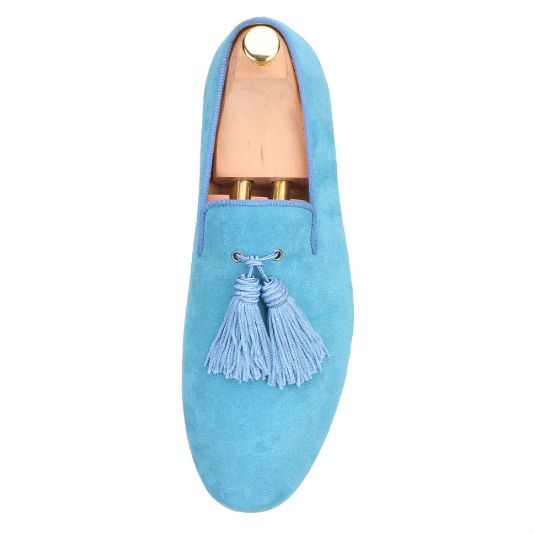 FERUCCI Men's Light Blue Suede Loafers - Comfortable Slip-On Slippers with Big Blue Tassel | Casual Indoor & Outdoor Shoes for Relaxing at Home or Running Errands