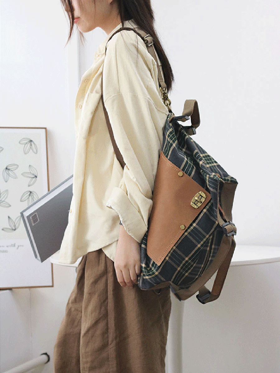 Vintage Plaid Canvas Crossbody Bag & Backpack - Stylish & Durable for Travel, School, and Everyday Use