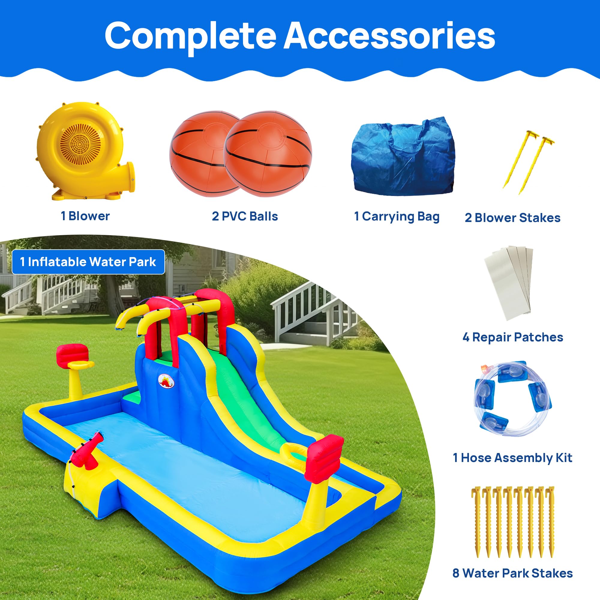 Inflatable Water Park with Blower - Bounce House with Water Cannon & Double Basketball Hoops for Kids Outdoor Summer Party, Backyard Pool Fun, and Birthday Celebrations
