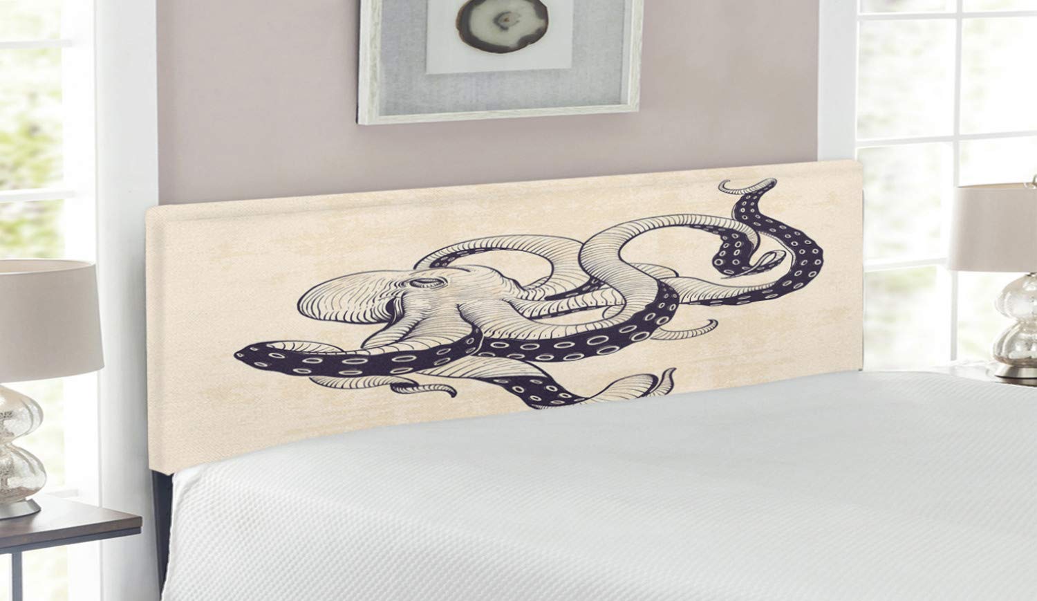 Ambesonne Octopus Upholstered Headboard - Hand Drawn Animal Illustration with Grunge & Antique Style, Memory Foam Queen Size Bed Headboard in Eggplant & Beige | Perfect for Coastal, Nautical or Eclectic Bedroom Decor