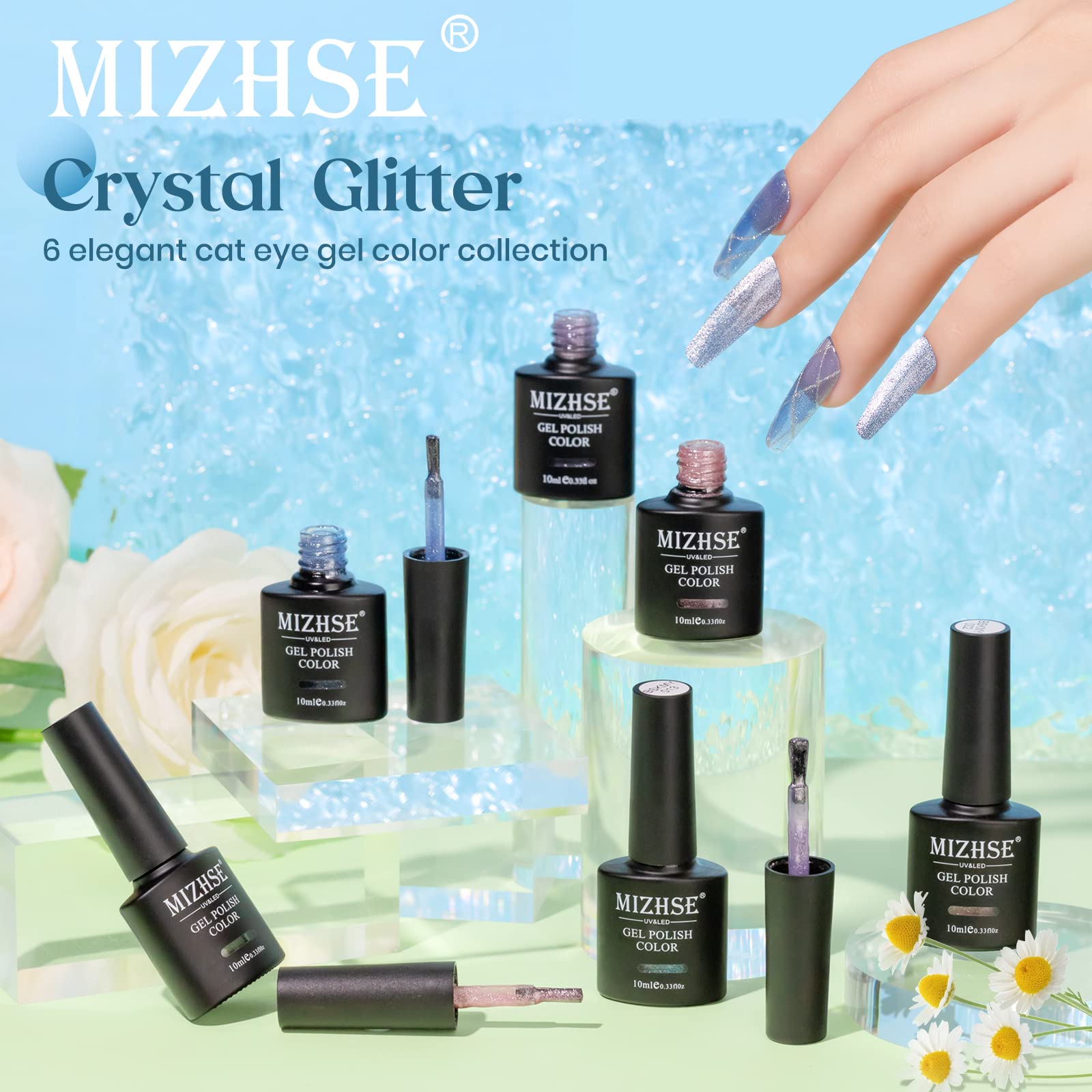 MIZHSE Magnetic Cat Eye Gel Polish Set - 10ml Soak Off UV LED Nail Polish with Magnetic Stick (6 Colors) - Long Lasting Salon Quality Nail Art for Manicures & Pedicures