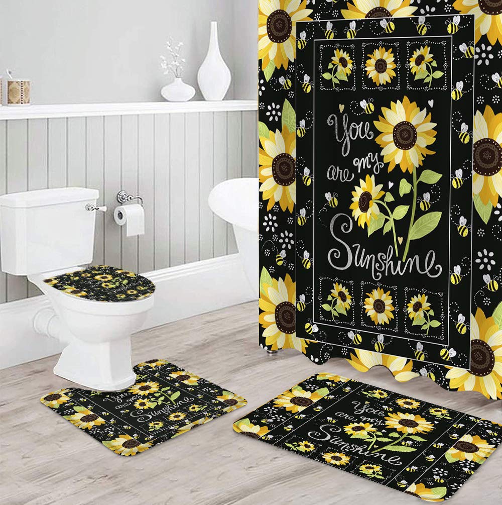 4-Piece Sunflower Shower Curtain & Bath Mat Set with 12 Hooks - 66x72 Inch Waterproof Bathroom Decor (Bee & Sunshine Design) for Modern Bathrooms, Kids Rooms & Farmhouse Style Homes