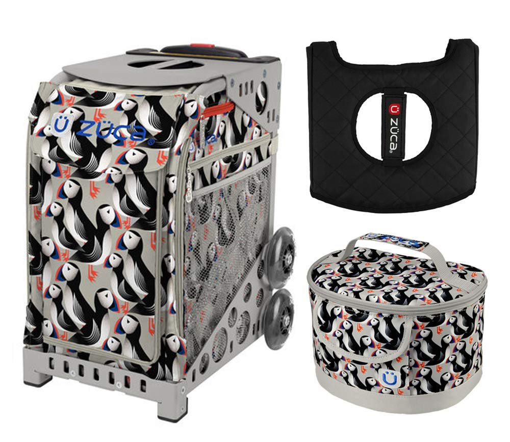 Zuca Sport Bag with Gift Lunchbox & Seat Cushion - Playful Puffins Design, Grey Frame - Perfect for Gymnastics, Dance, Skating & Travel Gear Storage
