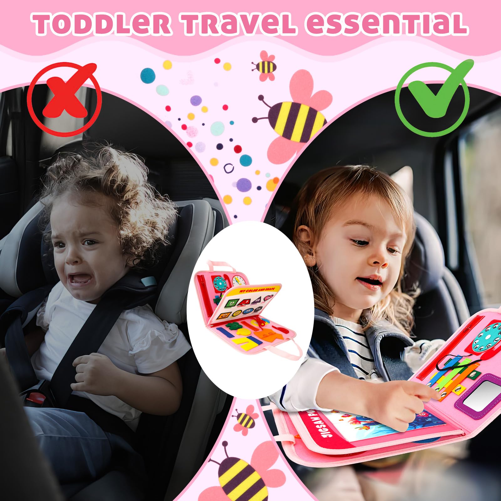 Montessori Busy Board for Toddlers 1-4 - Sensory Travel Toy for Airplane & Car