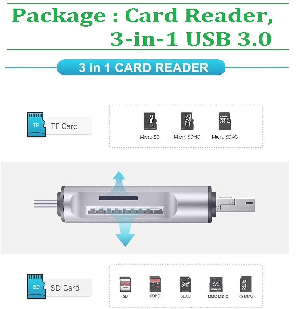 Famous Quality® 3-in-1 USB Card Reader - USB 3.0, USB C, Micro USB Compatible for SD/SDXC/Micro SD Memory Cards - Works with MacBook, PC, Tablets & Smartphones - Perfect for Travel, Photography & Data Transfer