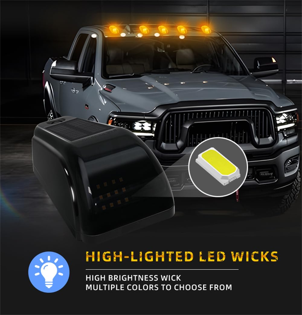 5PCS Wireless Solar Powered Truck Cab Lights - No Drill Installation, Vibration Sensor, Black Roof Lights with Yellow LEDs | Perfect for Night Driving, Off-Road Adventures & Vehicle Safety