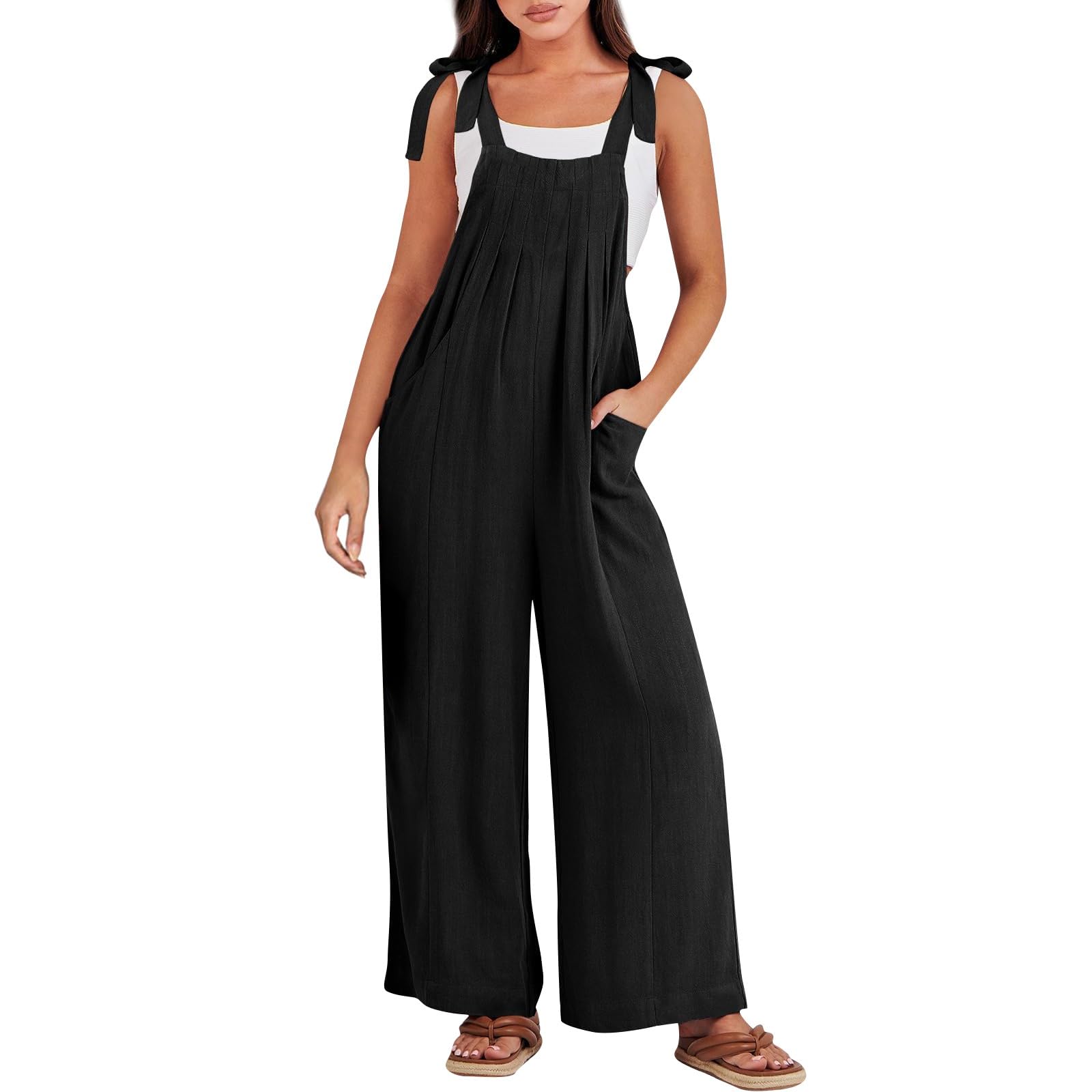 Women's Cotton Linen Overalls - Summer Jumpsuit Romper with Flowy Pants - Boho Chic Casual Outfit for Women 2024 (Al-Black, 3XL) - Perfect for Beach Vacations, Music Festivals and Everyday Boho Style