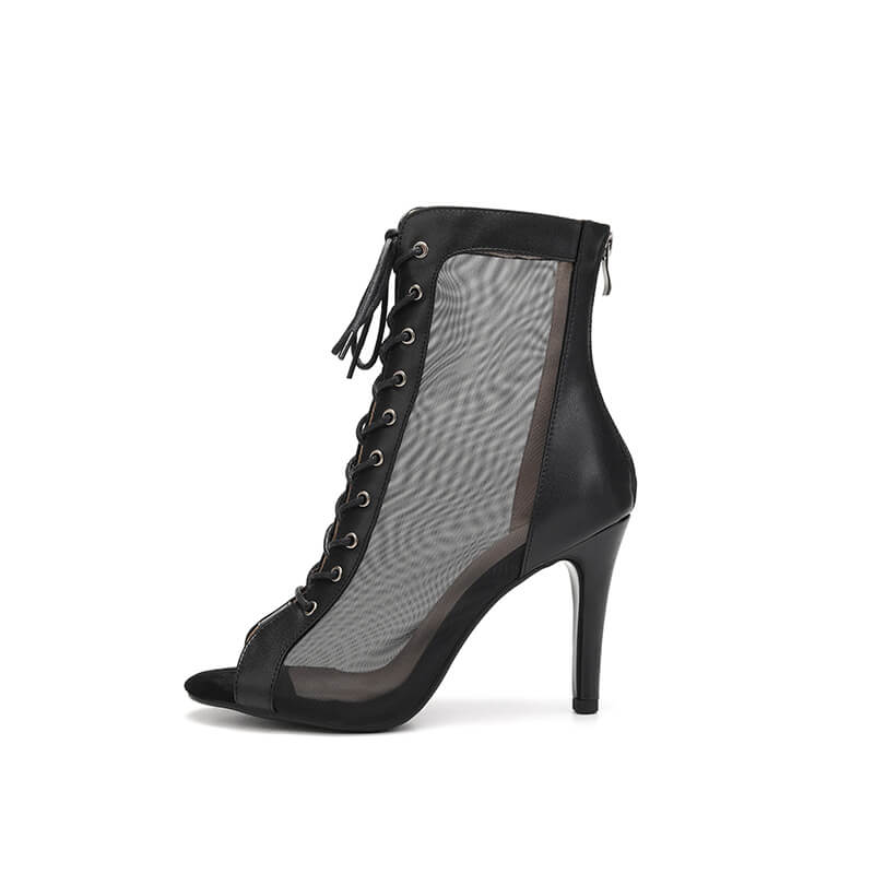 Sexy Black Leather Peep Toe Lace Up Ankle Boots with Mesh Panels & Stiletto Heels - Perfect for Night Out, Party & Date Night