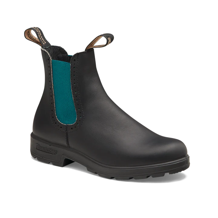 Blundstone 2320 Original Women's High Top Boots - Black with Green Elastic Side - Comfortable & Durable Chelsea Boots for Walking, Hiking & Everyday Wear
