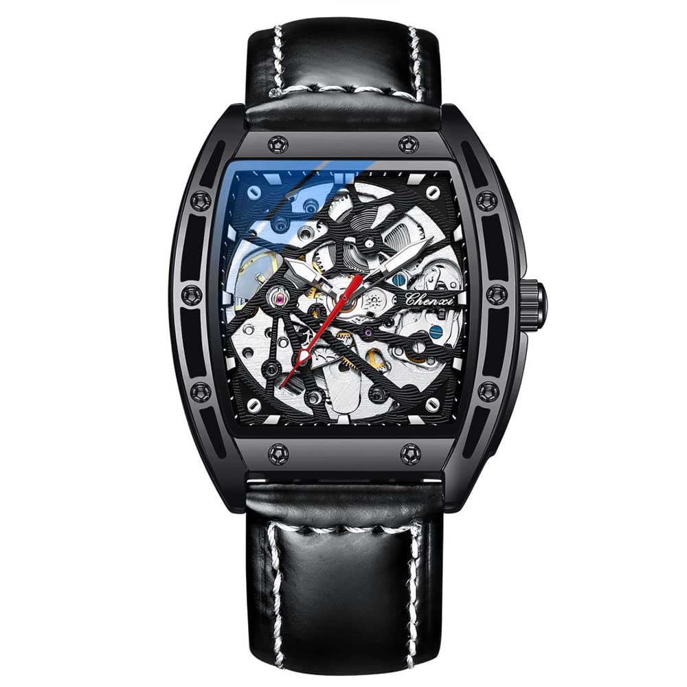 Tiong Sport Men's Automatic Mechanical Watch - Silver & Black Leather Strap Business Watch for Men | Perfect for Office, Formal Events & Everyday Wear