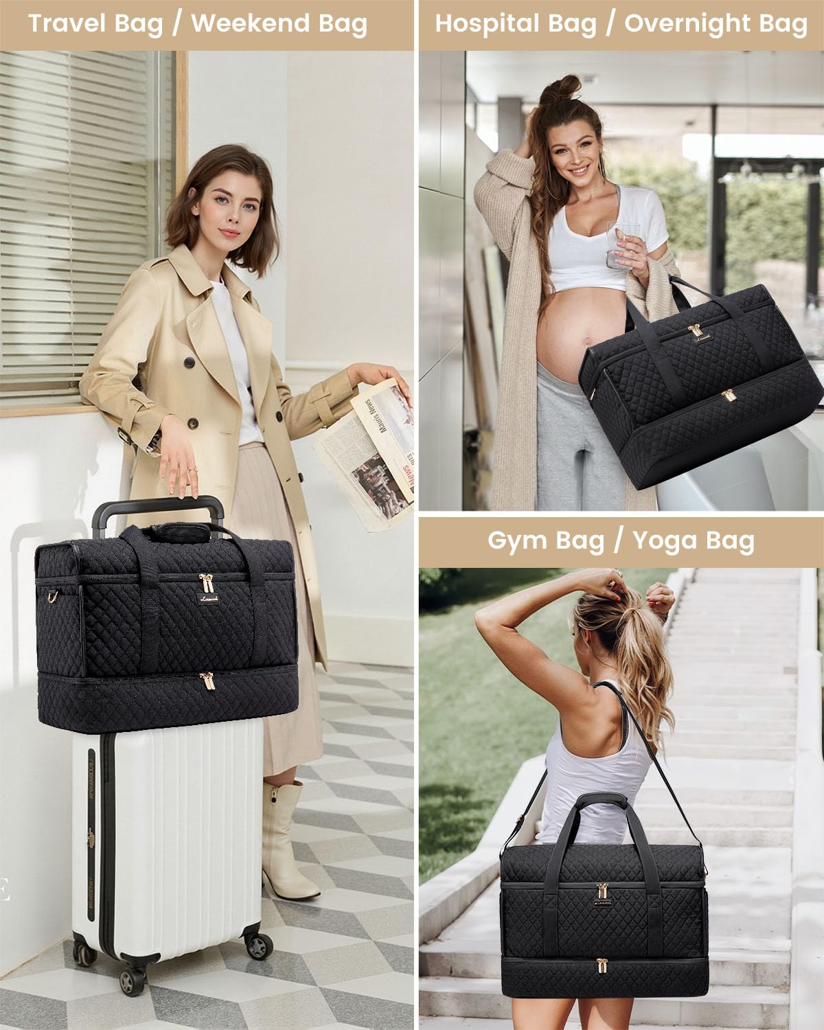 LOVEVOOK Large Travel Duffle Bag for Women - Waterproof Weekender Overnight Bag with Shoe Compartment | Perfect for Hospital Delivery, Gym Yoga, Airplane Carry-On & Weekend Getaways | Spacious Multipurpose Duffel for Workouts, Travel & Sports