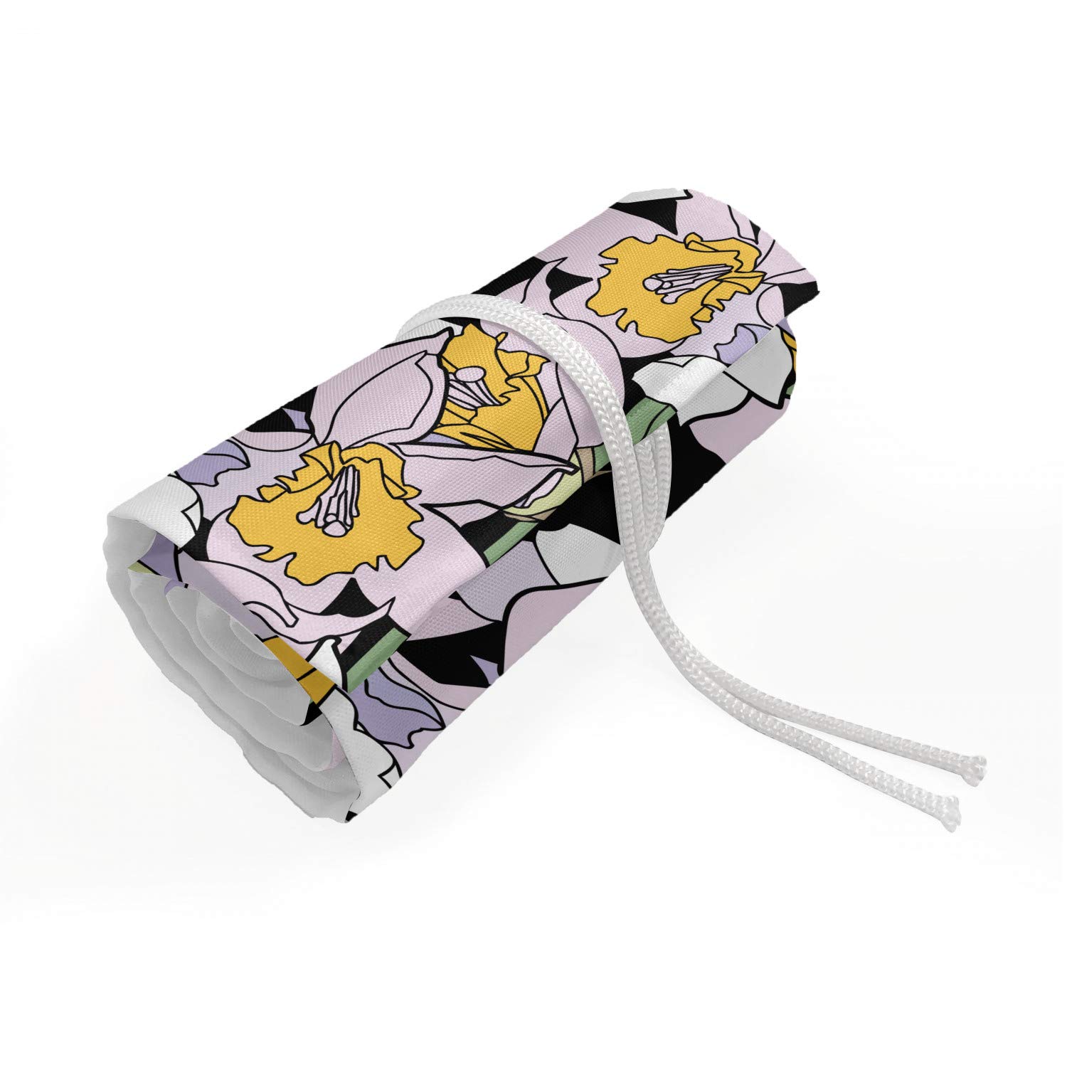 Ambesonne Floral Pencil Case Wrap Roll Holder - Cartoon Style Flower Design on Dark Background - Durable & Portable Canvas Pencil Organizer with 72 Loops - Perfect for Artists, Students & Office Use - Multicolor
