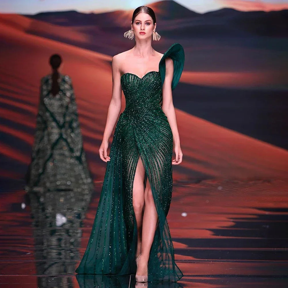 Luxury Dubai Green Mermaid High Split One Shoulder Beaded Evening Dress Gown for Wedding Party LA71779 - Perfect for Prom, Gala, Red Carpet & Formal Events