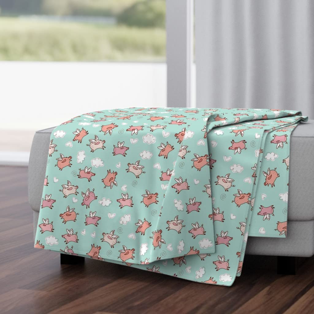 Soft Plush Minky Throw Blanket 50x70 Inches - Whimsical Pigs Fly with Pink Hearts & Blue Clouds Design, Modern Nursery Decor | Cozy Gift for Baby Shower, Kids Room, Living Room & Bedroom