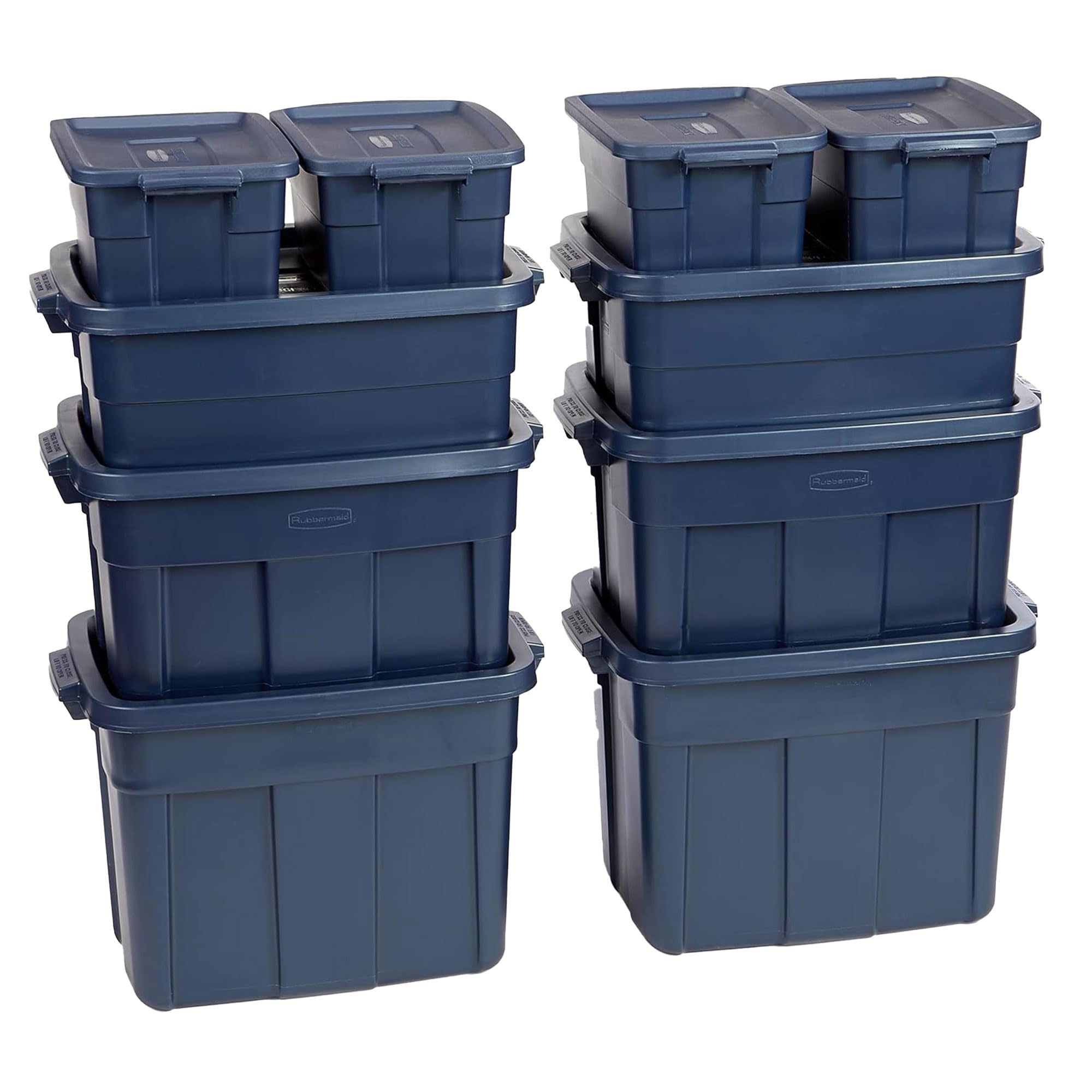 Rubbermaid Roughneck Heavy-Duty Storage Totes (10-Pack) - Stackable Plastic Bins with Lids & Handles, Made in USA - Dark Indigo Metallic for Home, Garage & Office Organization