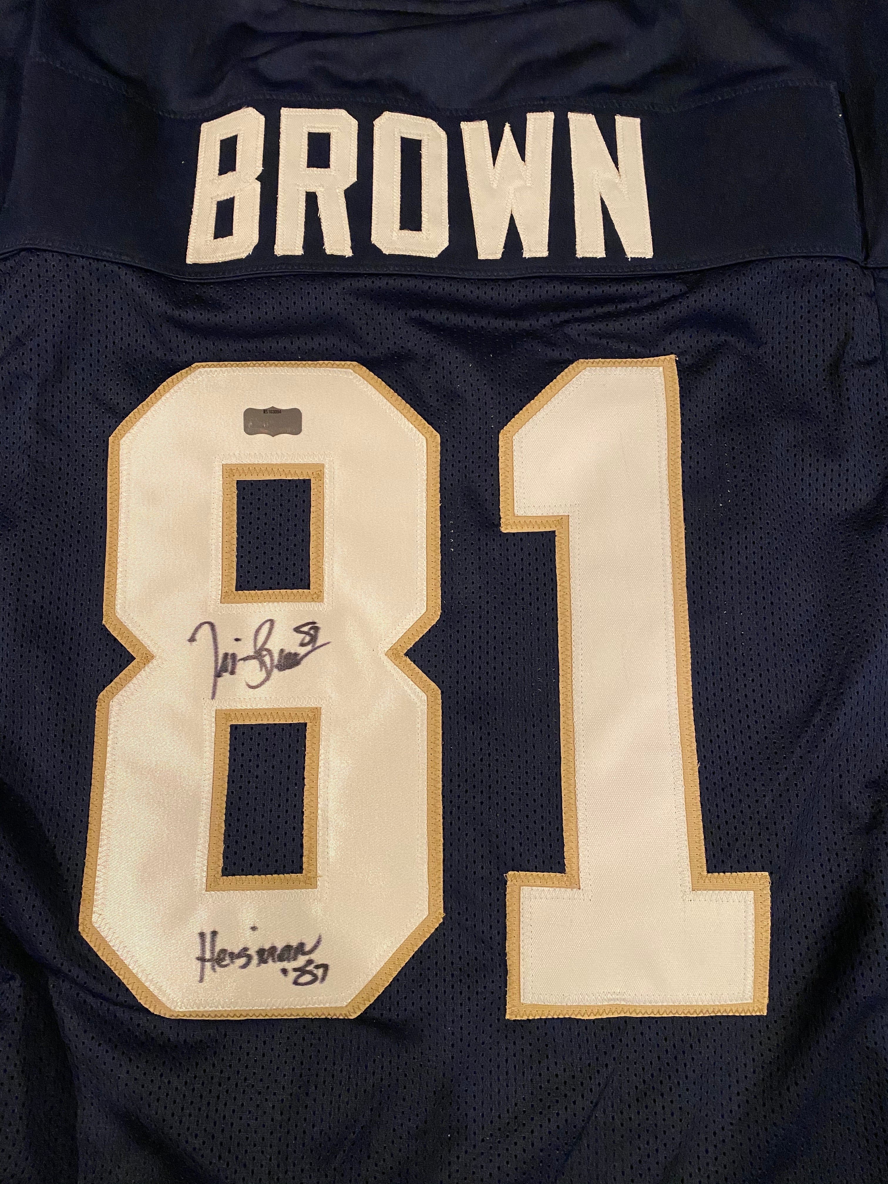Tim Brown Autographed Notre Dame Football Jersey with Heisman 87 Inscription - Perfect for Sports Memorabilia Collectors and Fighting Irish Fans