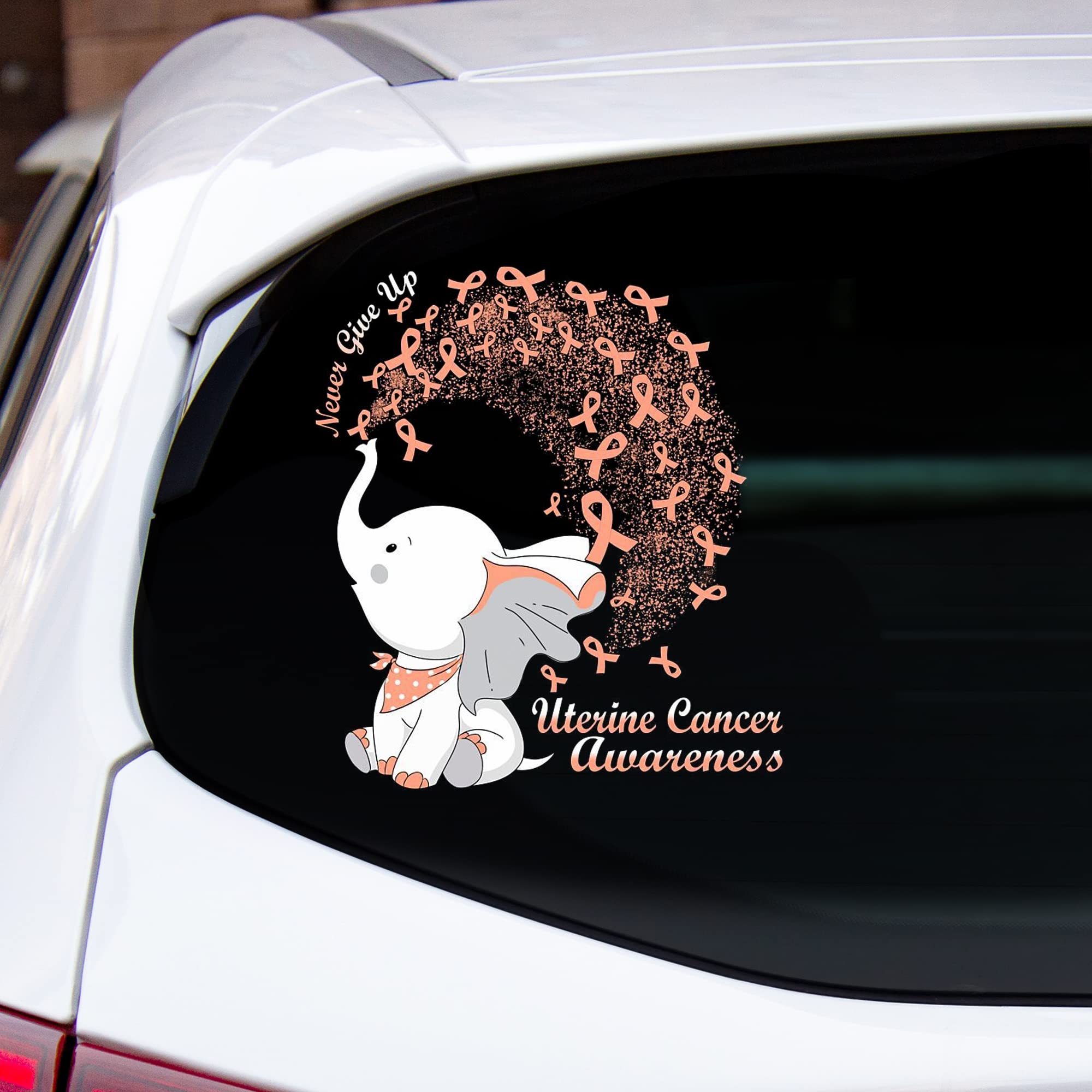 Uterine Cancer Awareness Vinyl Car Sticker - Never Give Up, Survivors Baby Elephants Design with Peach Ribbon, Durable Bumper Decal for Car Window, Side, Rear - Perfect for Awareness Campaigns & Personal Expression