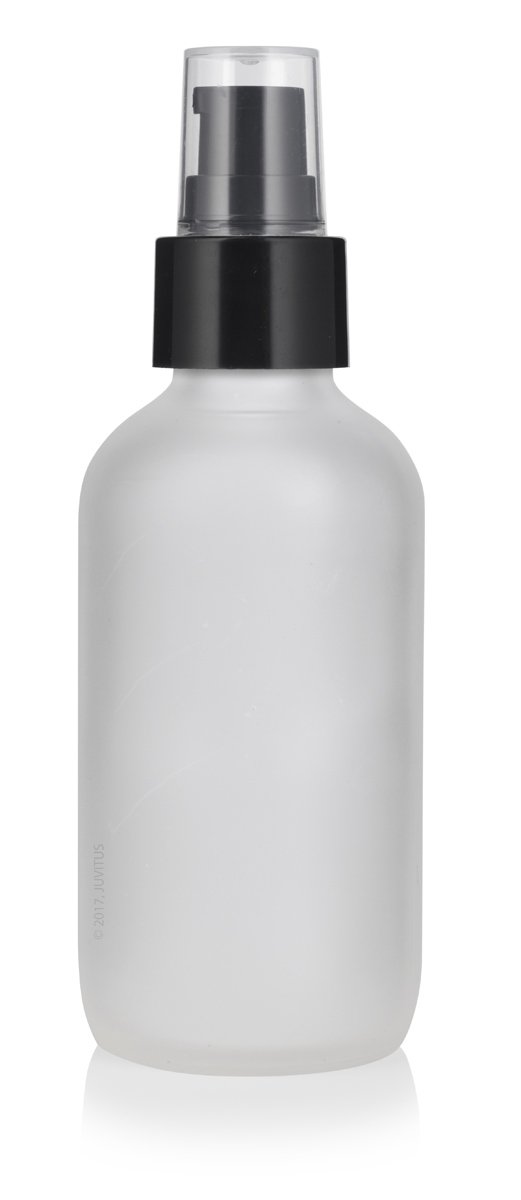 JUVITUS 4 oz Frosted Clear Glass Boston Round Bottle with Black Treatment Pump (6 Pack) + Funnel - Perfect for Essential Oils, Lotions, and DIY Beauty Products Storage