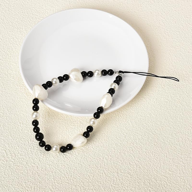 Kilener Heart Beaded Phone Lanyard - Black & White Wrist Strap with Anti-Lost Chain for iPhone Samsung Phone Cases | Cute Phone Charms Accessories for Women & Girls | Perfect for Work, School & Travel