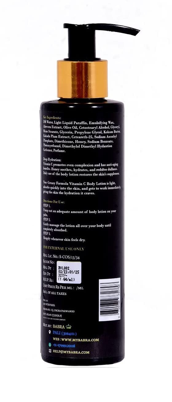 Babra Vitamin C Body Lotion for Men & Women - 100% Natural Moisturizer for Dry & Normal Skin | Deep Hydration & 72h Moisture Lock | Brightens & Nourishes for Healthy Glow | 200ml - Perfect for Daily Skincare Routine, Post-Workout Recovery & Winter Dryness Relief