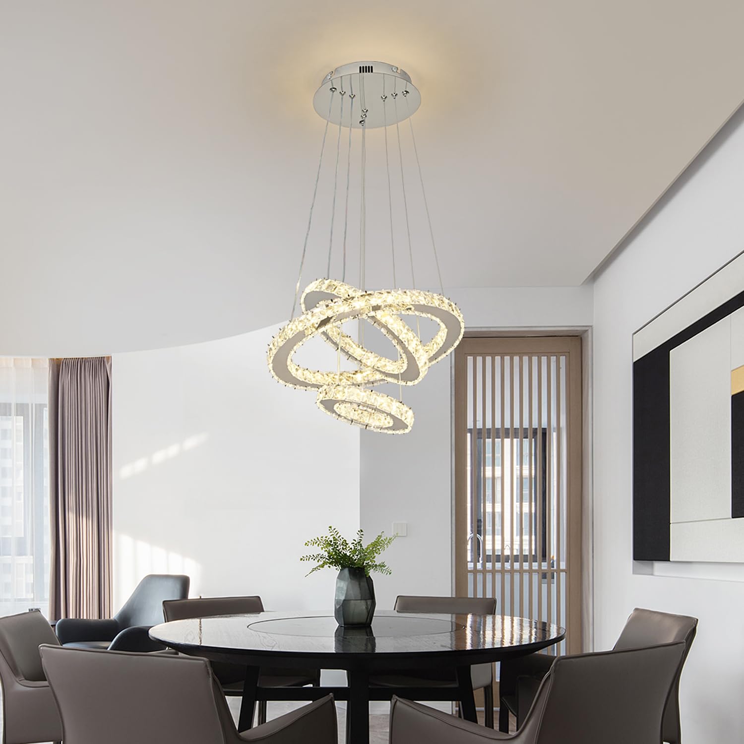 Naoeoon Modern LED Crystal Chandelier - 48W Dimmable Pendant Light with 3 Crystal Rings, 3000K-6500K Color Temperature, 9100LM Brightness for Dining Room, Kitchen Island & Foyer Lighting